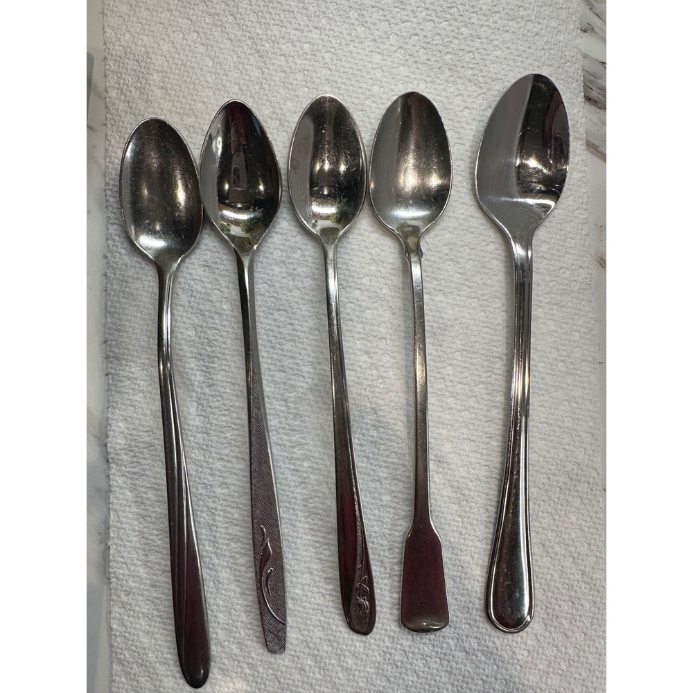 Mixed Lot 5 Long Handle Stainless Steel Iced Tea Spoons Floral Textured Silver
